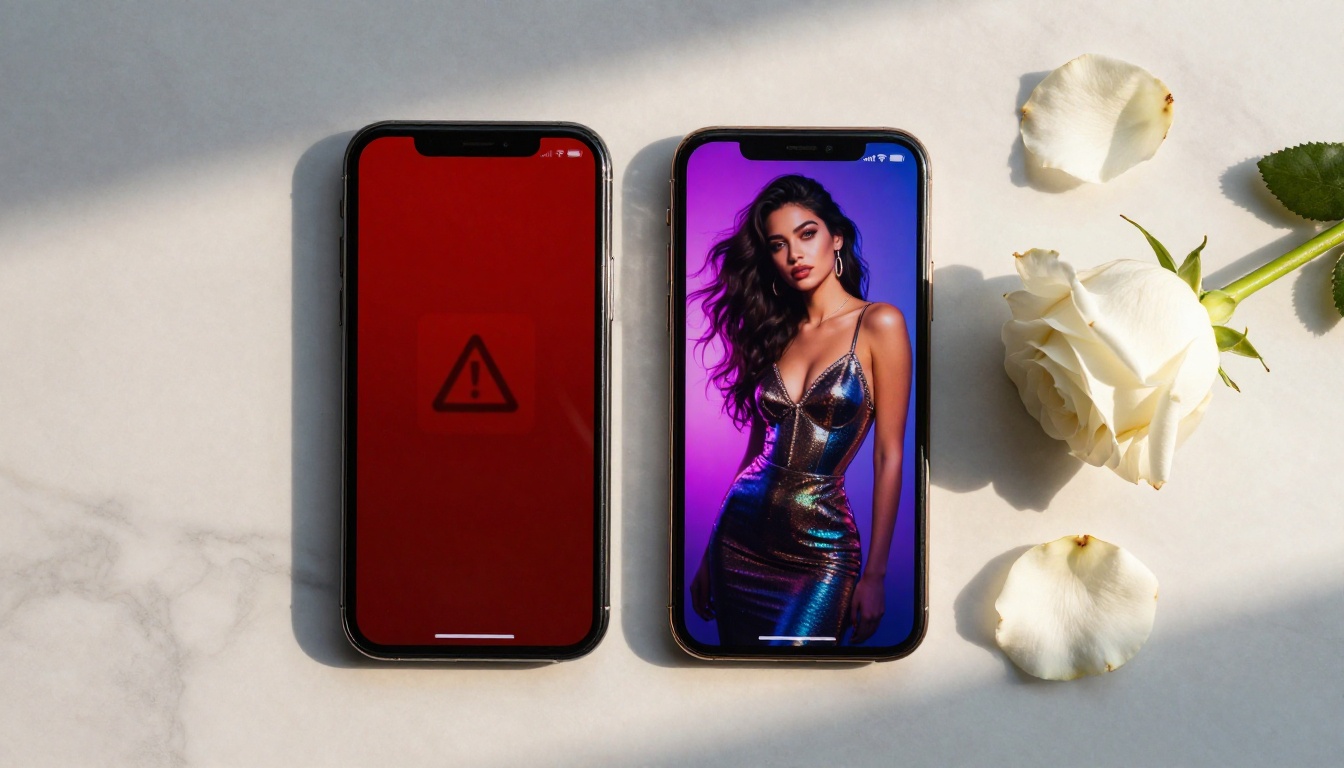 Two smartphones on marble showing blocked versus free AI image generation side by side
