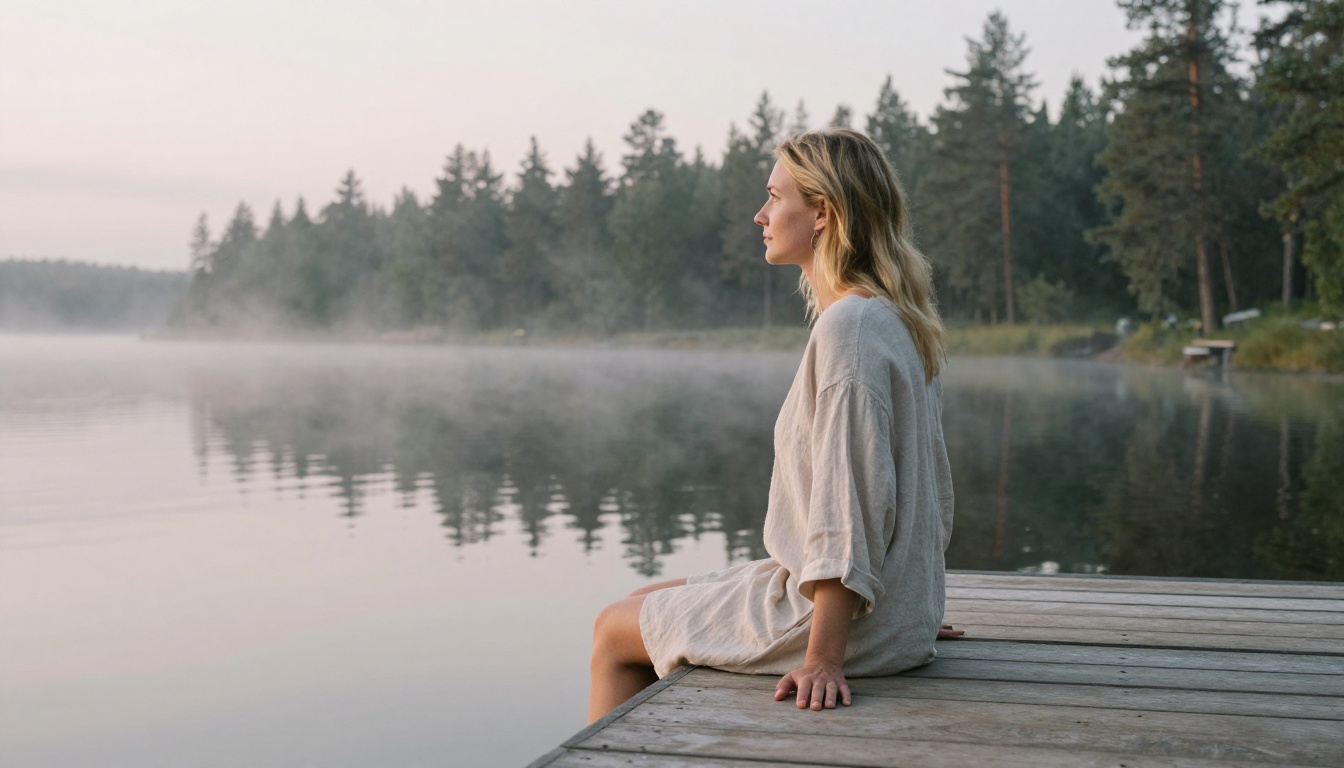Woman in linen beach coverup sitting on wooden pier over Nordic lake in morning mist