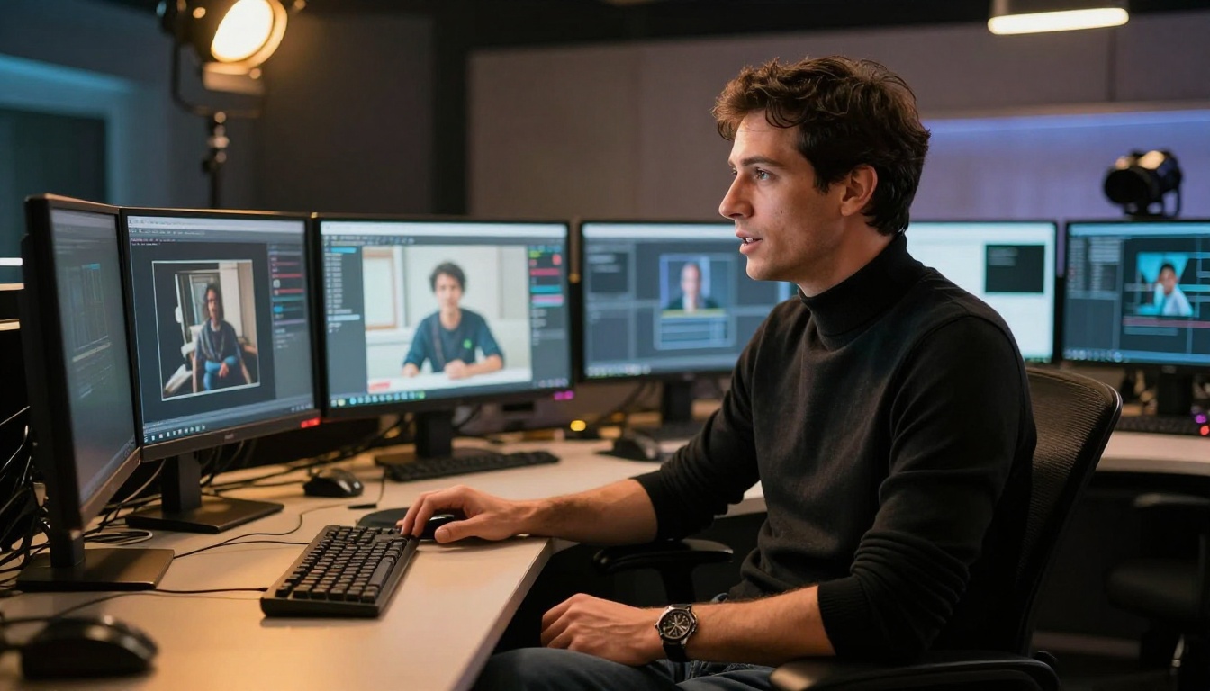 Creative director reviewing AI-generated content on multiple screens