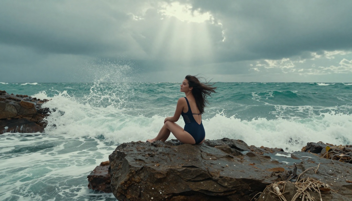 Woman on coastal rocks by dramatic sea cliffs, waves crashing, volumetric storm light