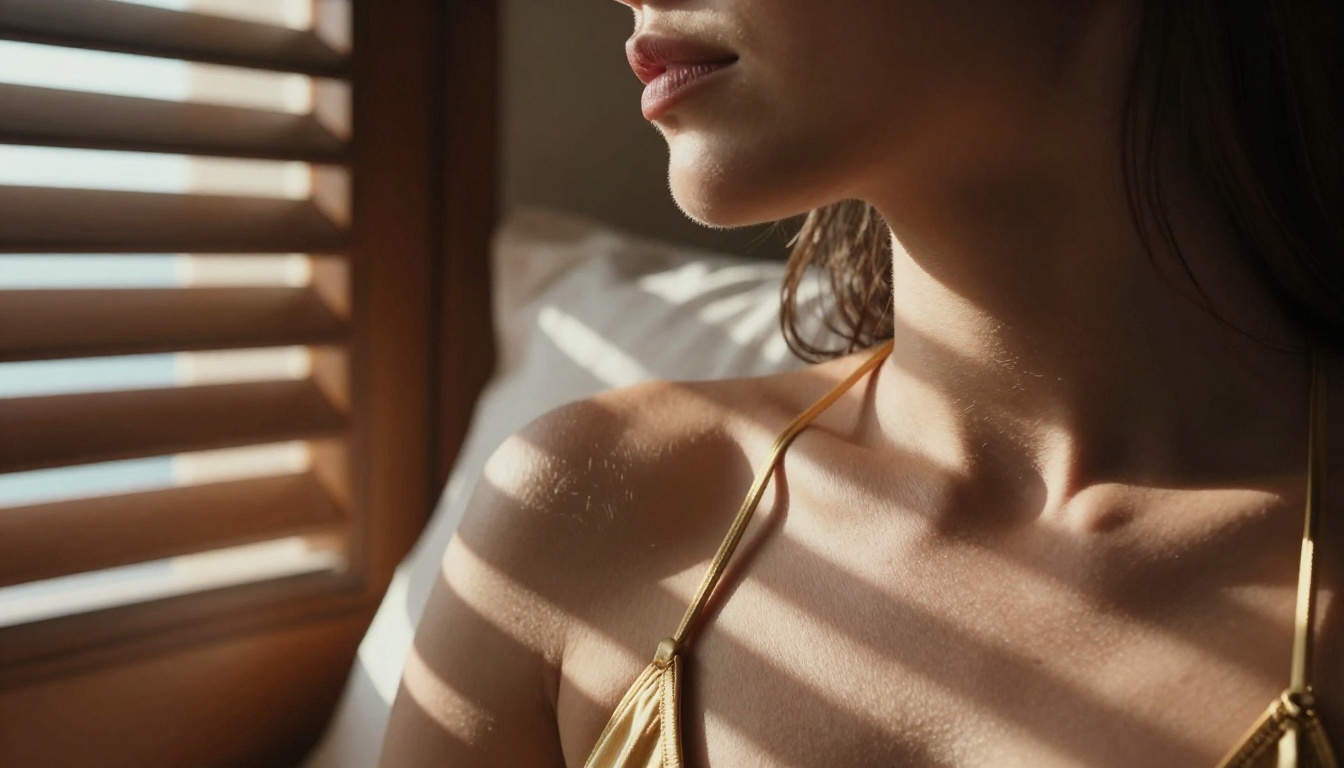 Intimate close-up of woman in gold bikini top, afternoon sunlight through wooden shutters casting light stripes across her collarbone