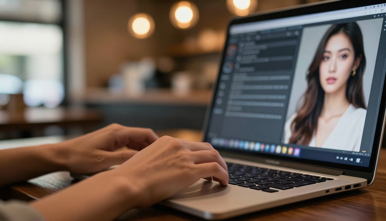 AI image generation interface on a laptop in a warm coffee shop setting AI image generation interface on a laptop in a warm coffee shop setting