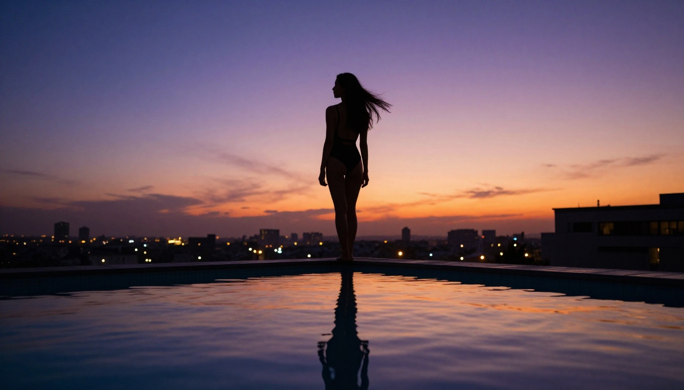 Artistic silhouette of a woman at a rooftop pool at dusk, city lights bokeh background Artistic silhouette of a woman at a rooftop pool at dusk, city lights bokeh background