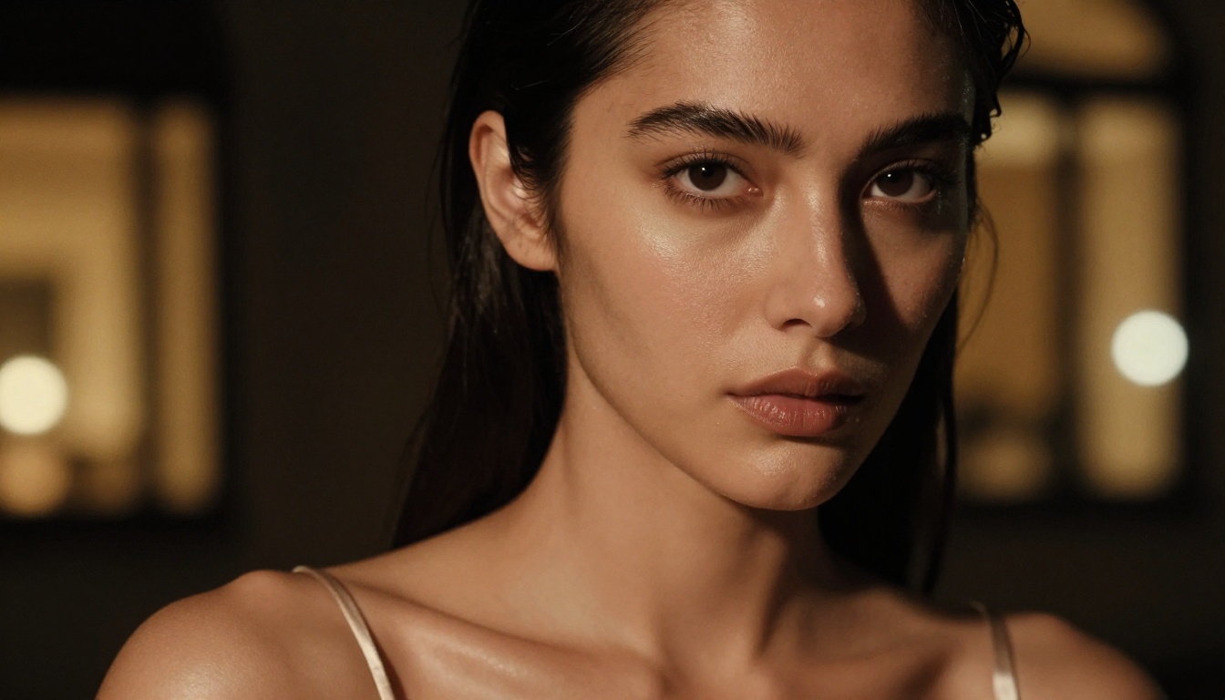 Dramatic close-up portrait with chiaroscuro lighting, champagne silk top, dark expressive eyes Dramatic close-up portrait with chiaroscuro lighting, champagne silk top, dark expressive eyes