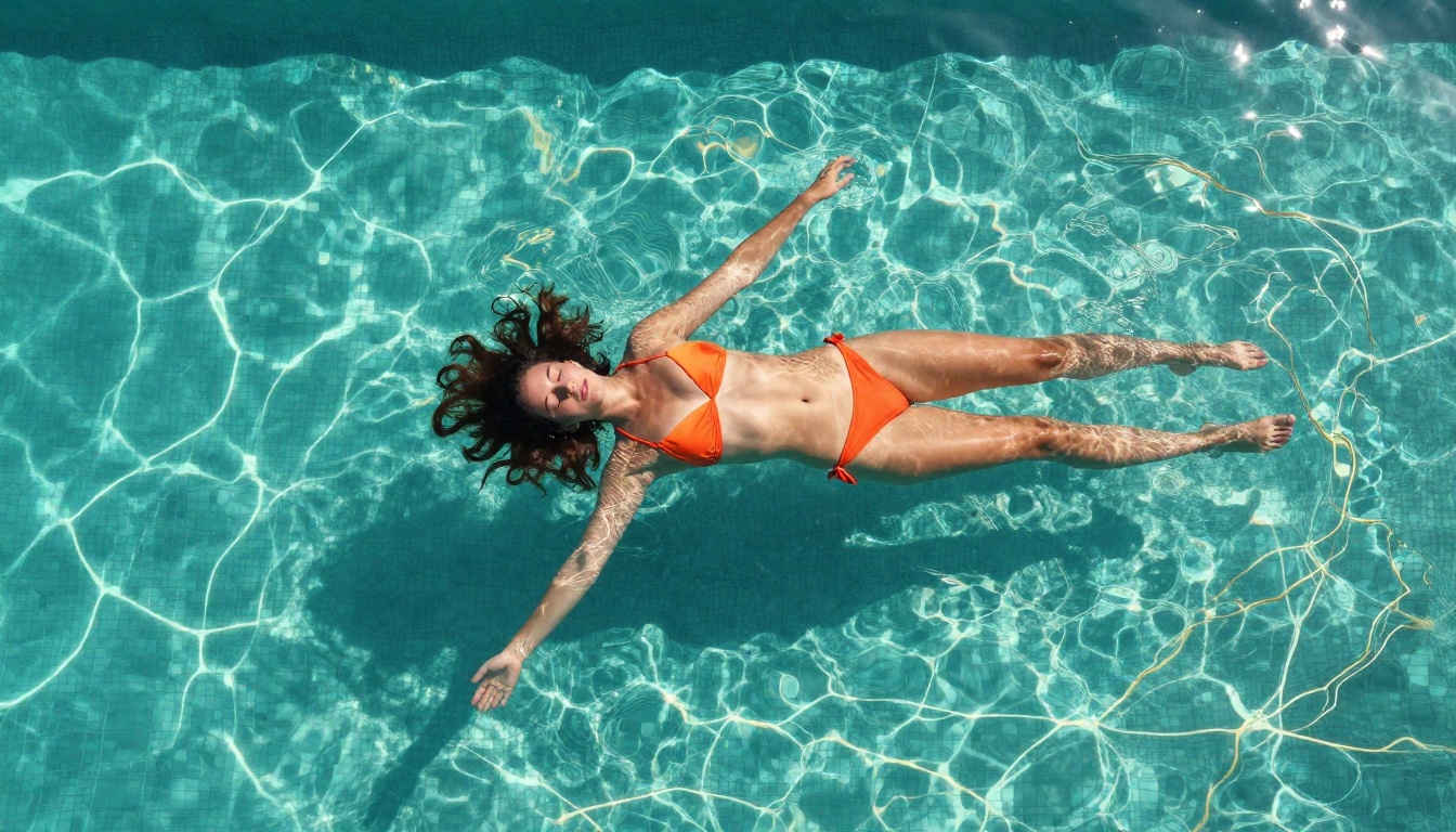 Aerial view of woman floating in turquoise infinity pool, orange bikini, caustic light patterns on water