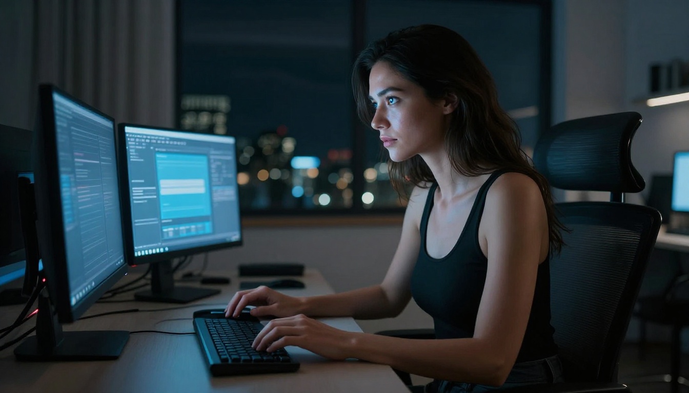 Woman at AI workstation, screen glow on face, modern apartment at night