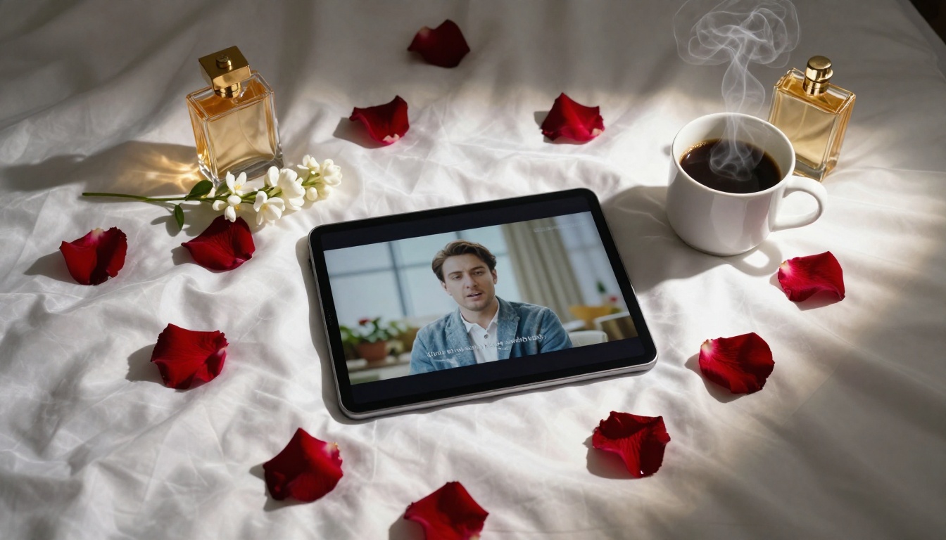 Romantic flat lay with rose petals satin sheets and glowing tablet showing blurred text