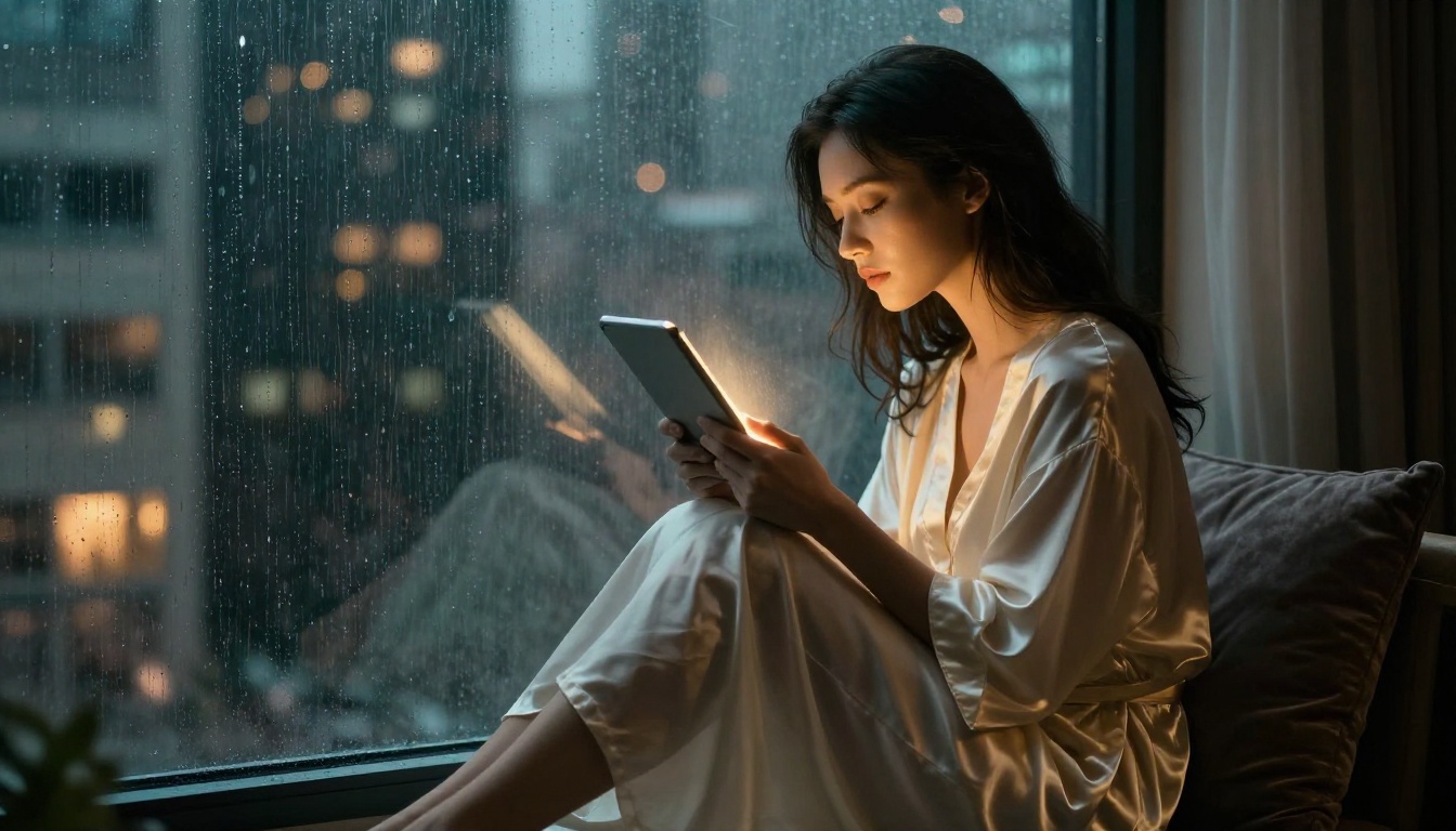 Woman in ivory silk robe at rain-streaked window holding glowing tablet with city bokeh behind her