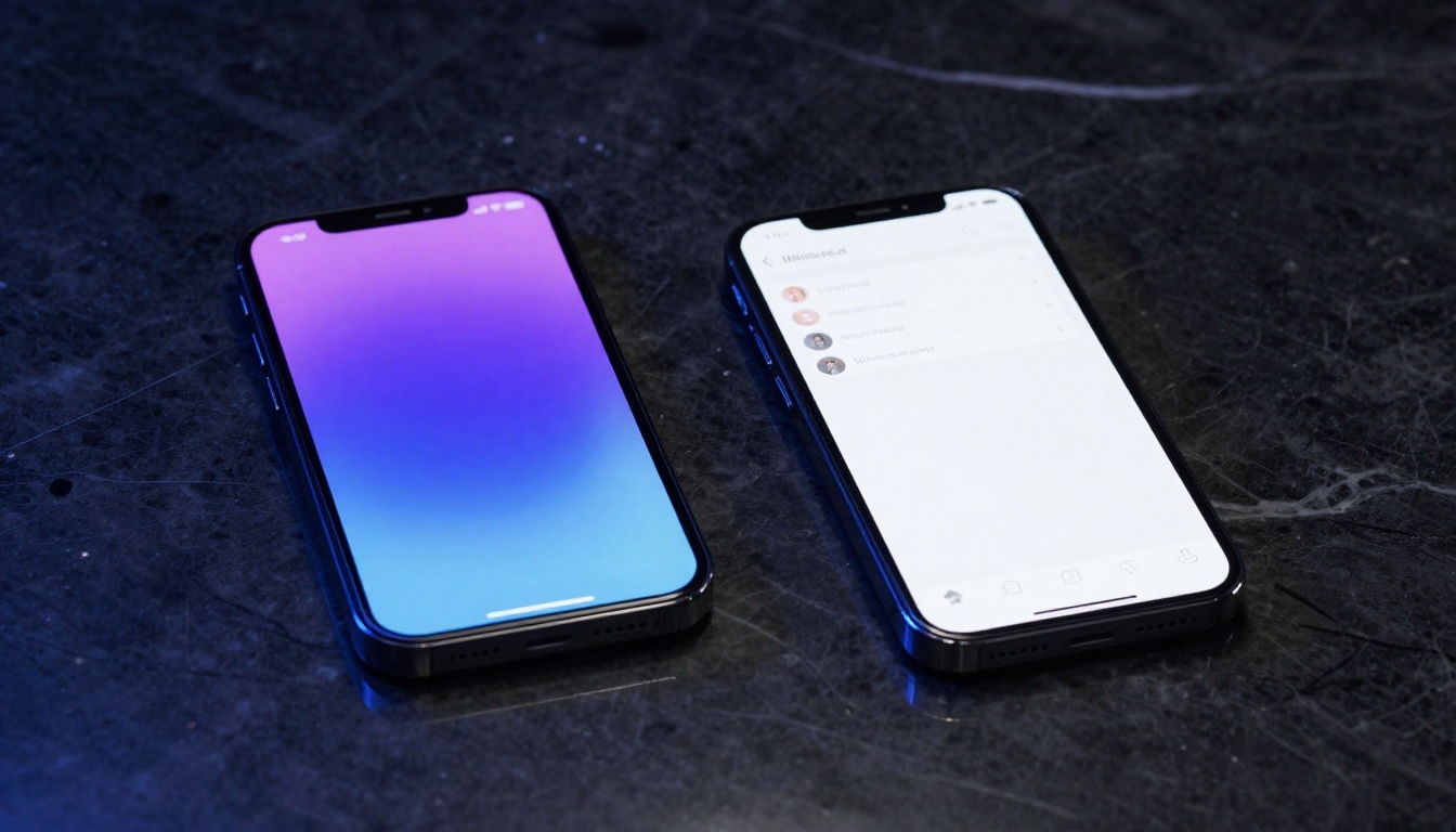Two sleek smartphones side by side with contrasting purple and white chat interfaces on dark marble