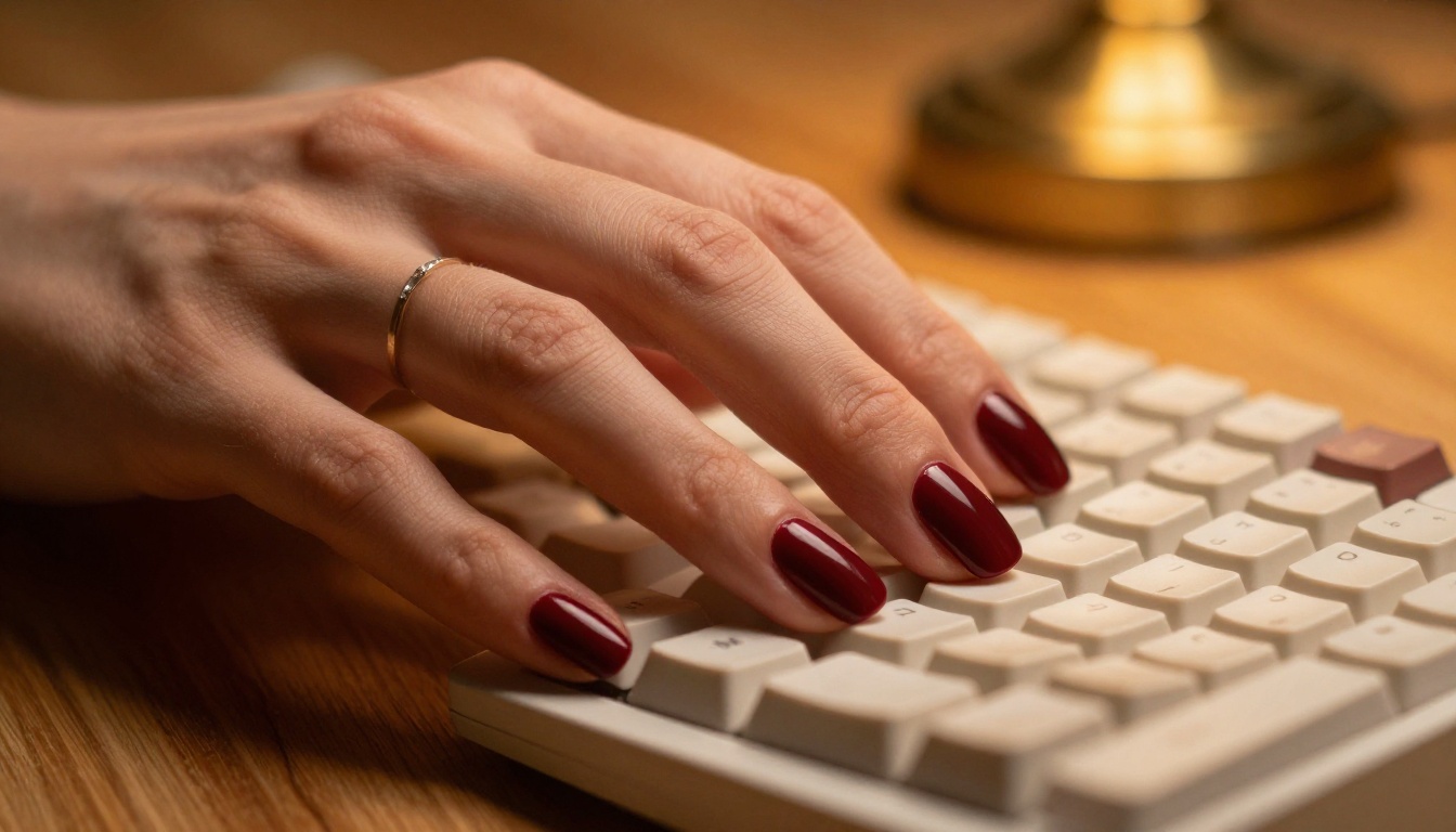 Feminine hands with burgundy nails on cream mechanical keyboard in warm amber desk lamp light