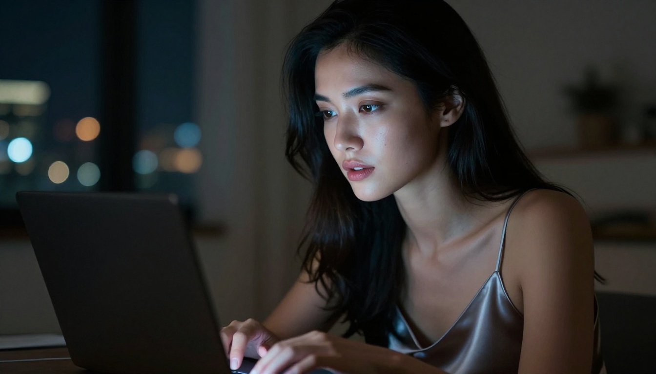 Woman in silk camisole typing on laptop, blue-white screen glow at night