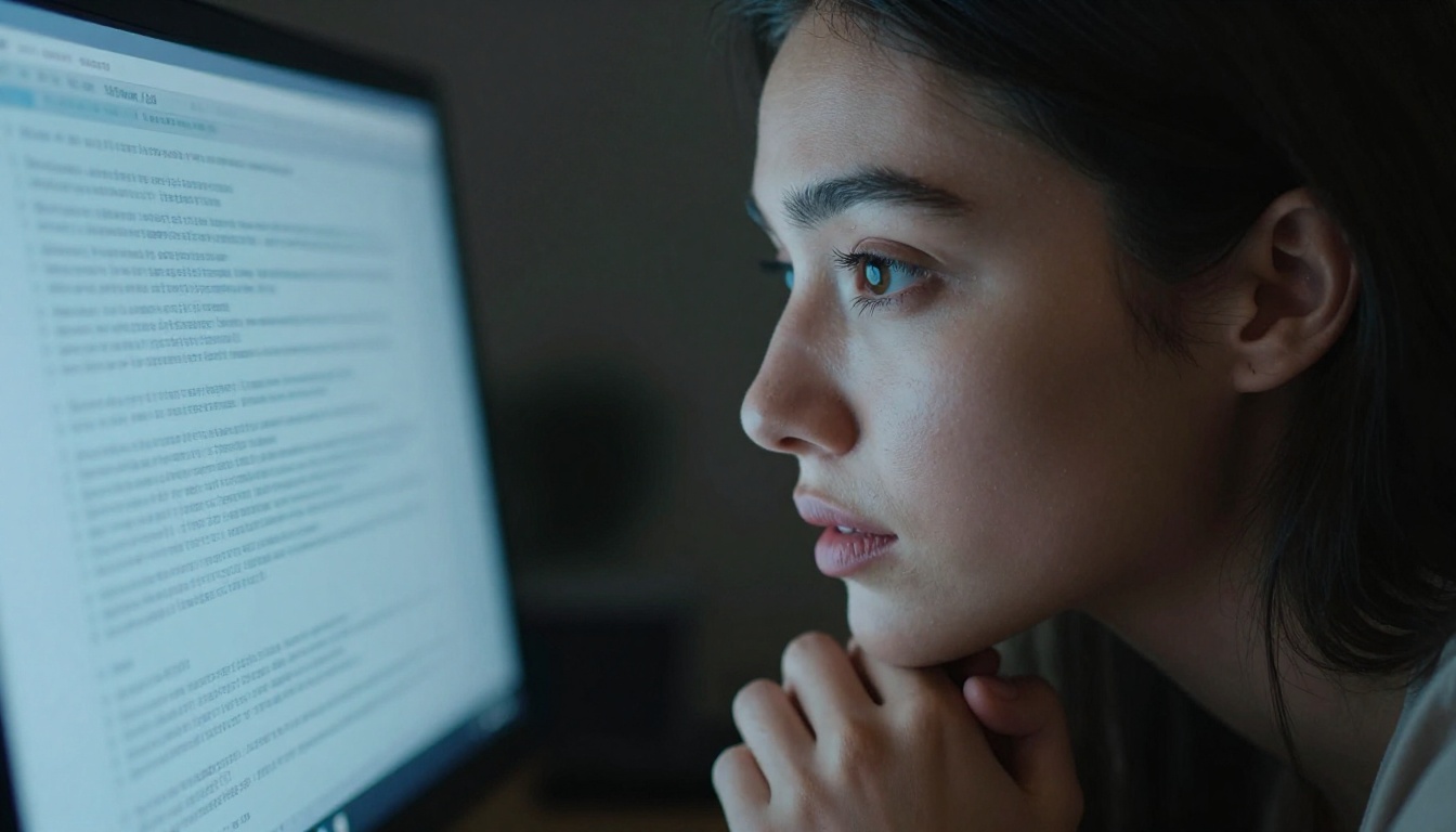 Close-up portrait of a woman with monitor glow on her face, thoughtful expression Close-up portrait of a woman with monitor glow on her face, thoughtful expression