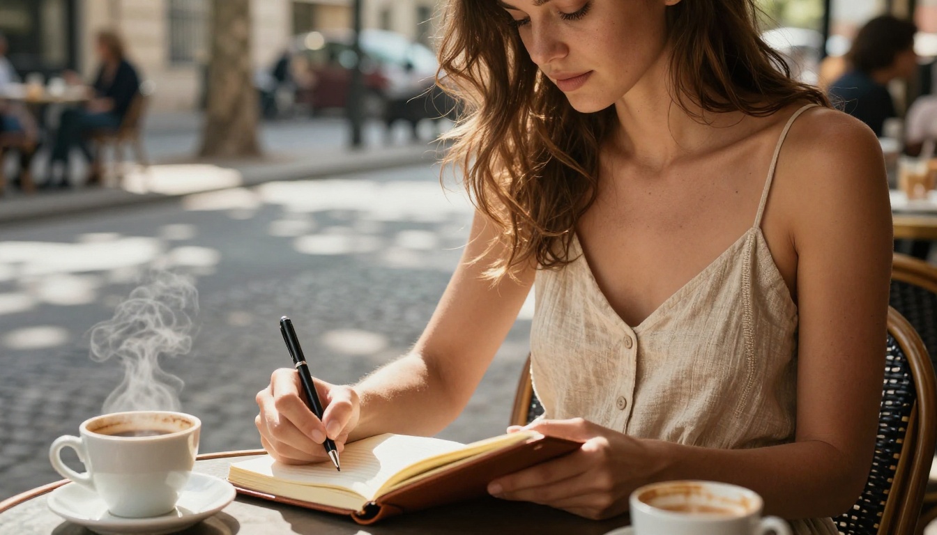 Woman writing in leather journal at sunlit Parisian café terrace, strappy summer dress