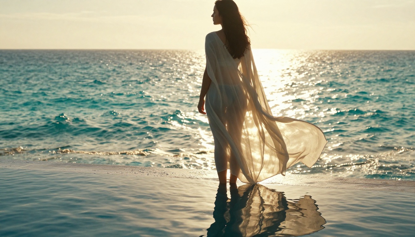 Woman in sheer beach cover-up at the edge of an infinity pool overlooking turquoise ocean Woman in sheer beach cover-up at the edge of an infinity pool overlooking turquoise ocean