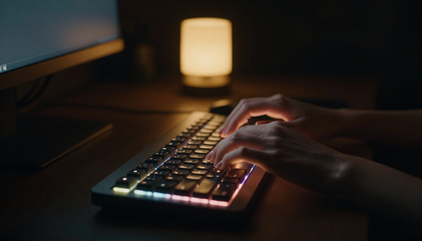 Woman at night typing on a glowing mechanical keyboard, warm golden lamp light casting over manicured hands