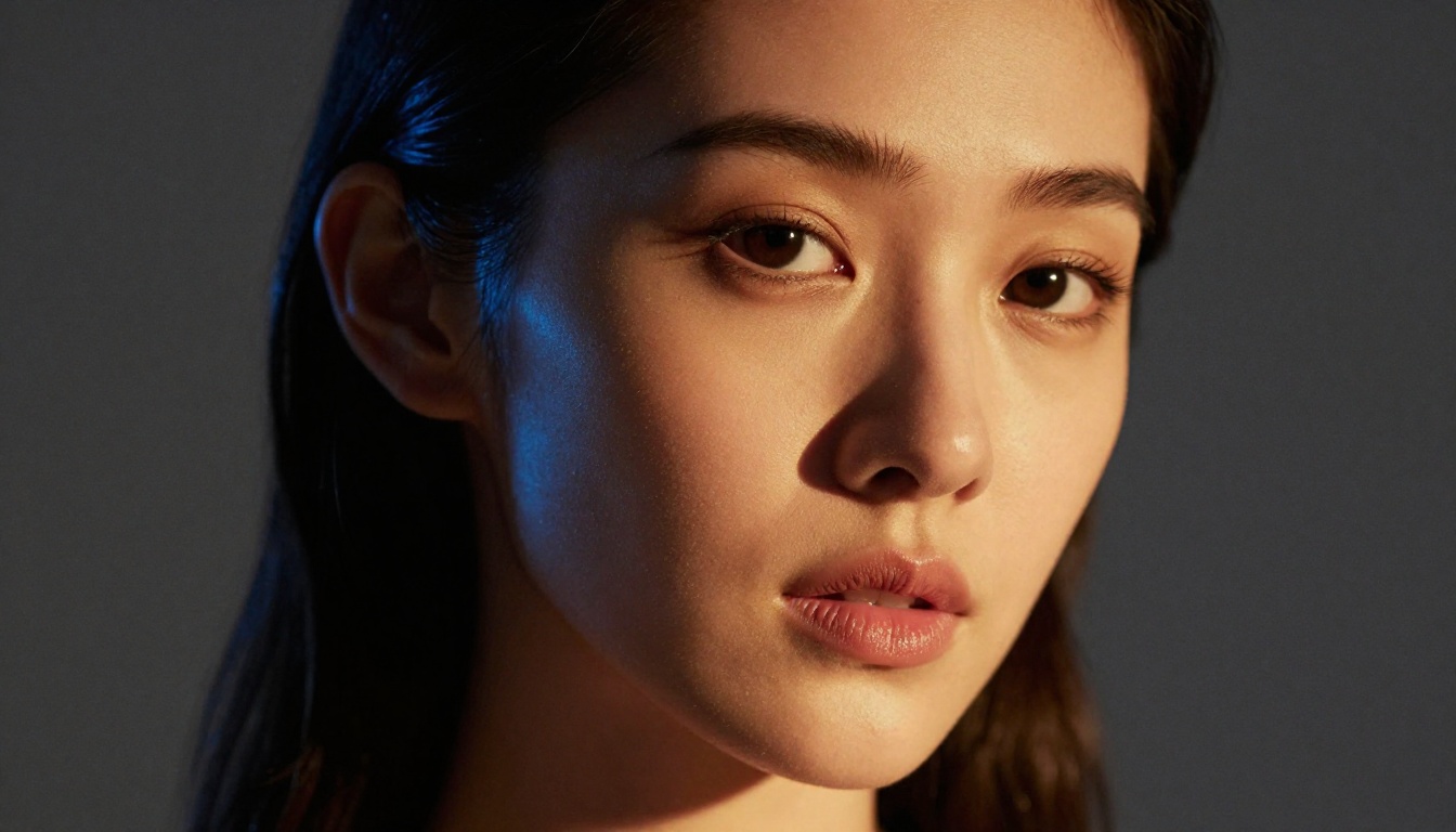 Close-up portrait of a captivating woman with dramatic Rembrandt lighting, warm amber main light and cool blue rim light on shoulder