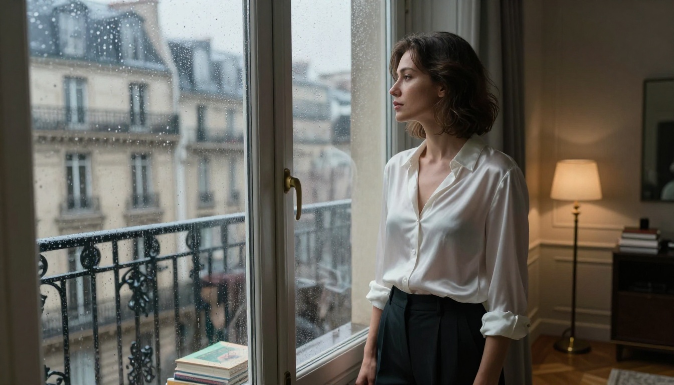 Woman at rain-streaked window in Haussmann Paris apartment, white silk blouse