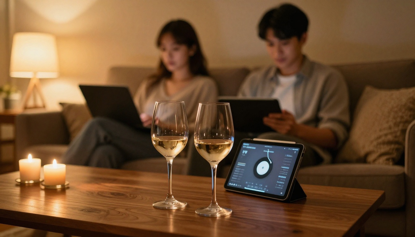 Intimate scene of two people using tablets in a warmly lit living room, soft candlelight and floor lamp creating amber atmosphere