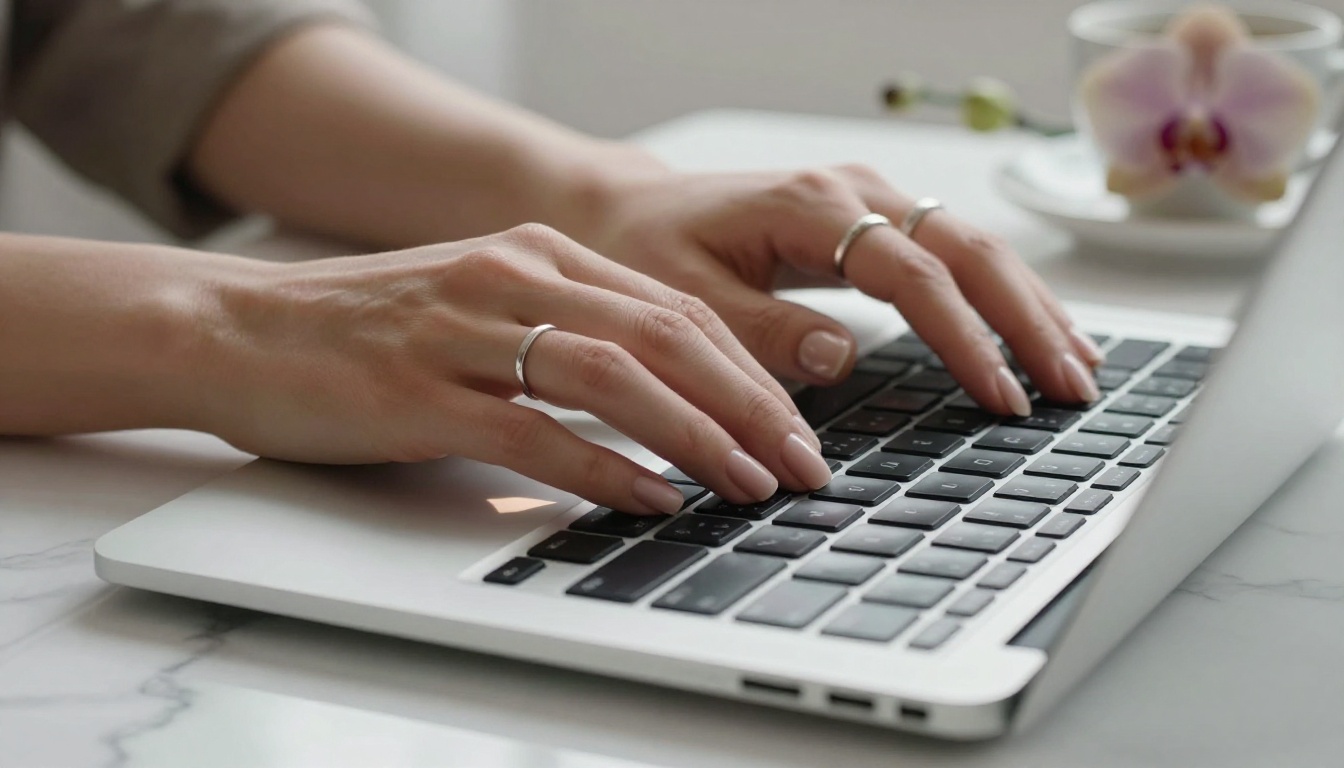 Close-up of manicured hands on MacBook keyboard, Carrara marble desk, north light