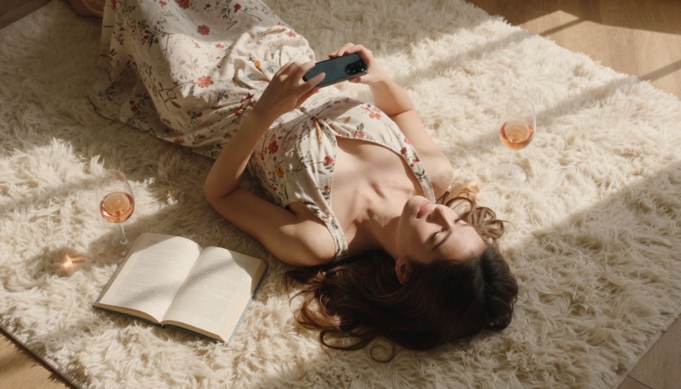 Woman lying on a cream wool rug from directly above, holding a smartphone, glass of rosé wine and open book beside her in warm afternoon light