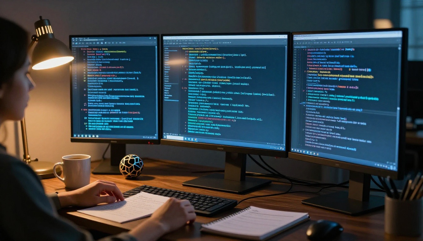 AI research workspace with monitors showing language model outputs