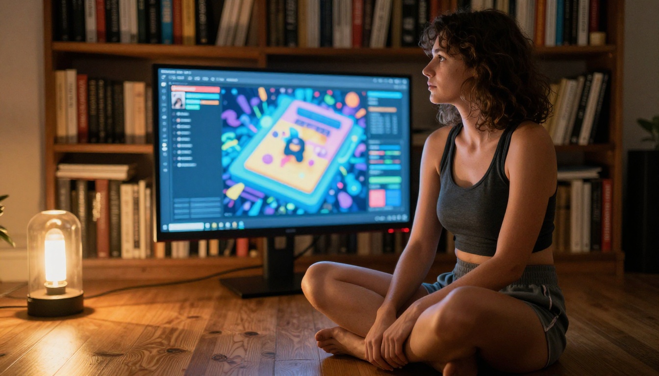 Woman sitting cross-legged before a large monitor showing colorful AI-generated images, warm ambient lighting