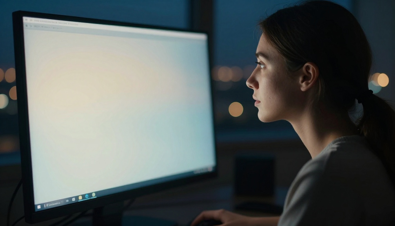 Woman's dramatic profile silhouetted by monitor glow, bokeh city lights visible through large window behind her