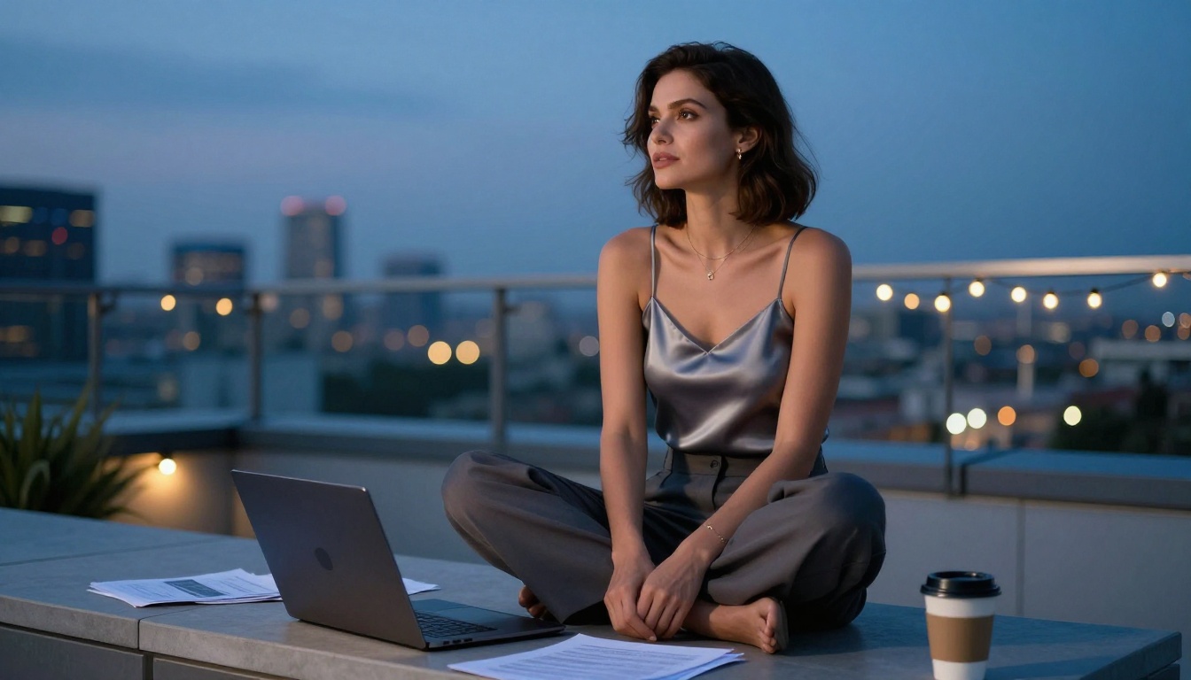 Stylish woman sitting cross-legged on a modern rooftop terrace at blue hour, city skyline glowing warmly behind her, string light bokeh above
