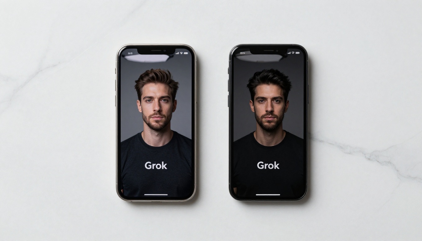 Two smartphones side by side on white marble, showing AI image generator interfaces, flat-lay overhead shot