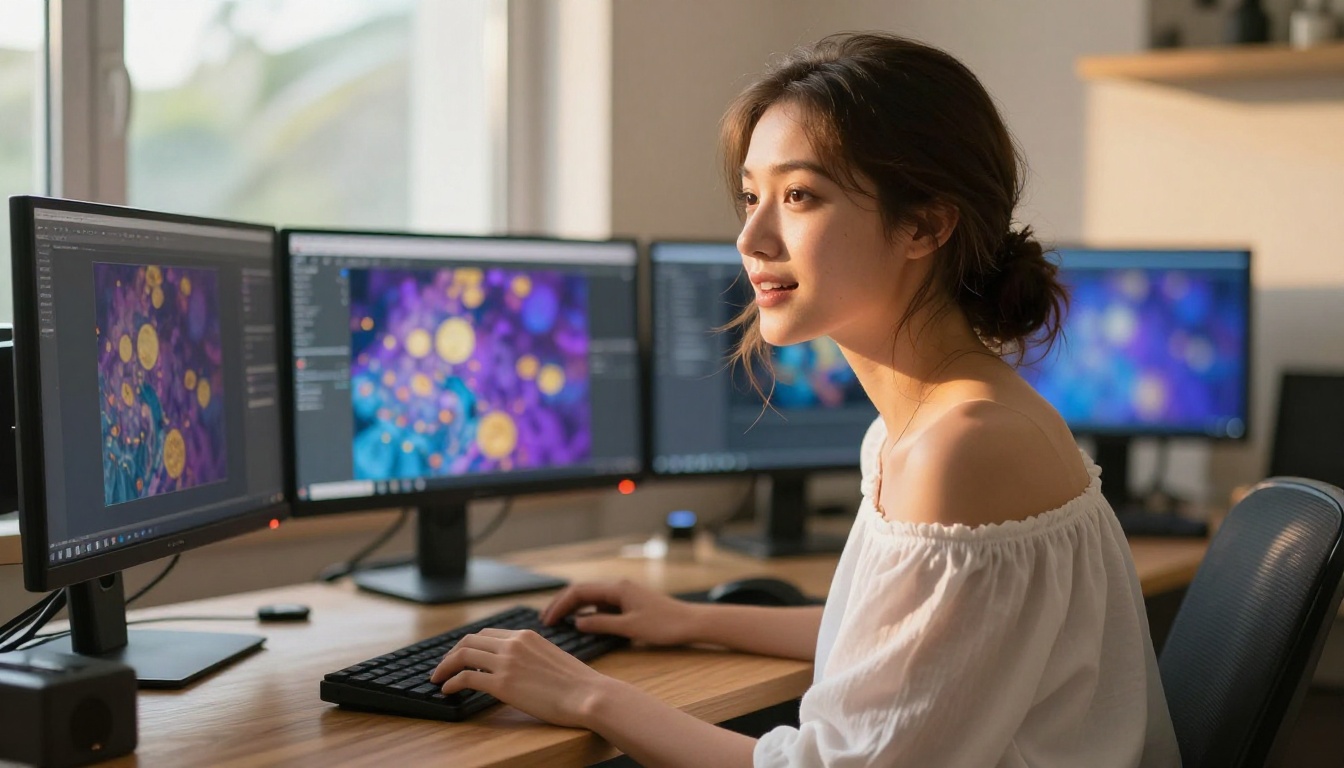 Woman using AI image generation tools at creative workstation with monitors displaying artwork