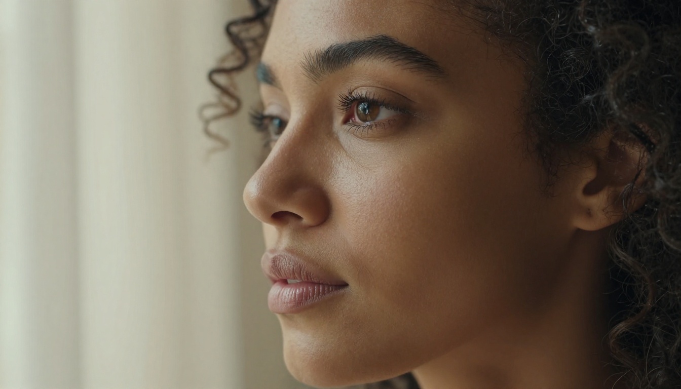 Close-up beauty portrait showing natural skin texture and soft window light detail Close-up beauty portrait showing natural skin texture and soft window light detail