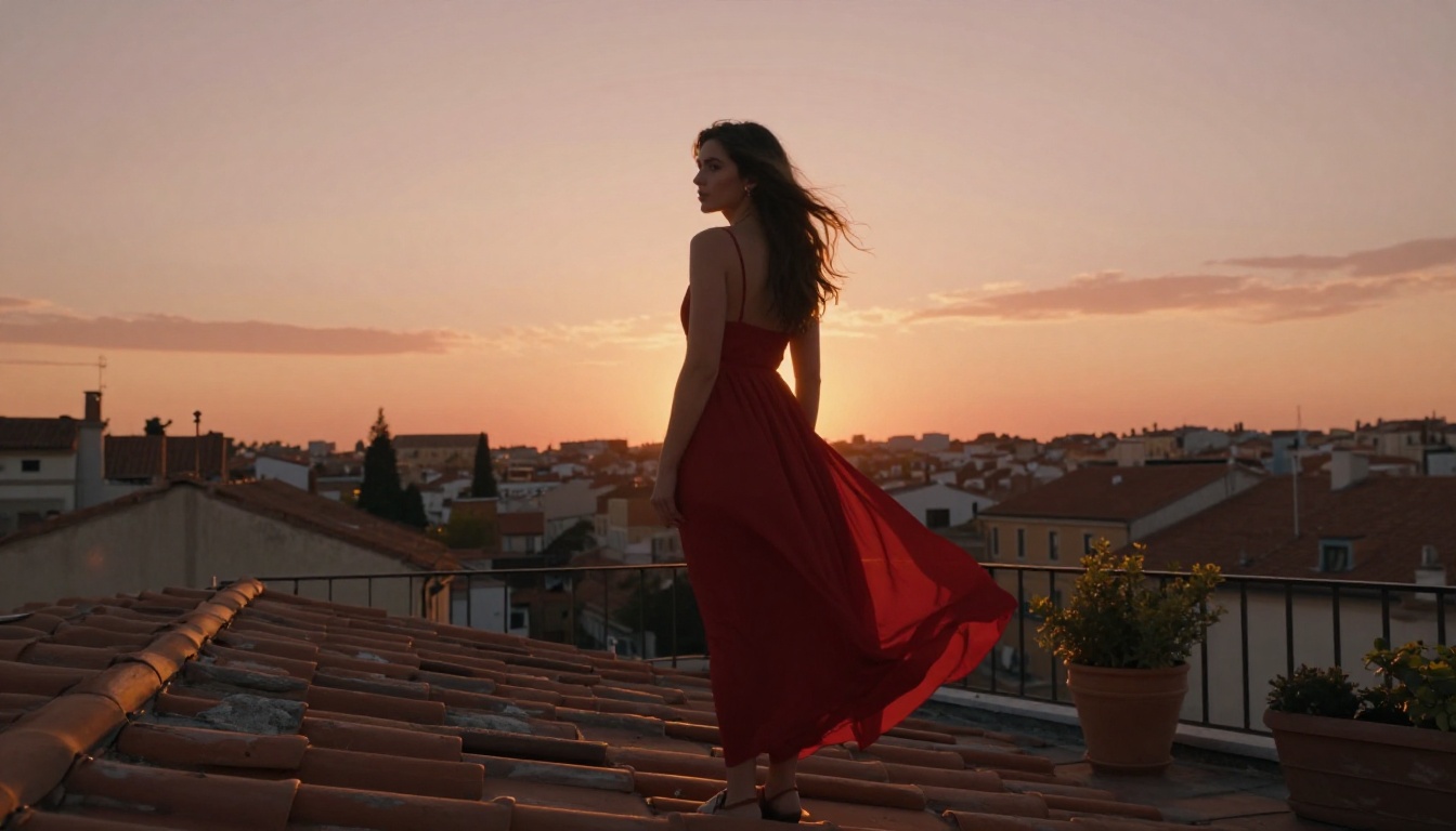 Rooftop golden hour portrait with dramatic low-angle cinematic silhouette at sunset Rooftop golden hour portrait with dramatic low-angle cinematic silhouette at sunset
