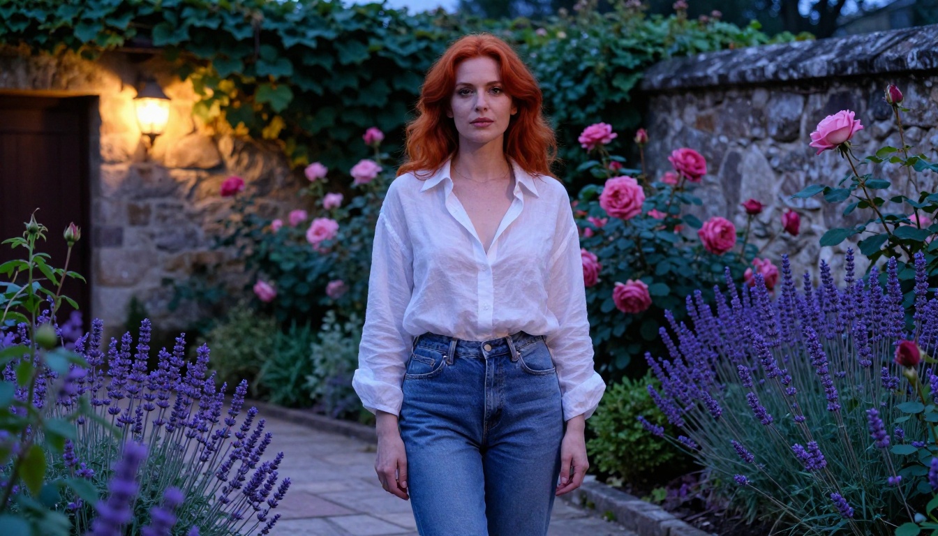 Woman with vibrant red hair standing in a lush rose garden at dusk with soft warm lantern light