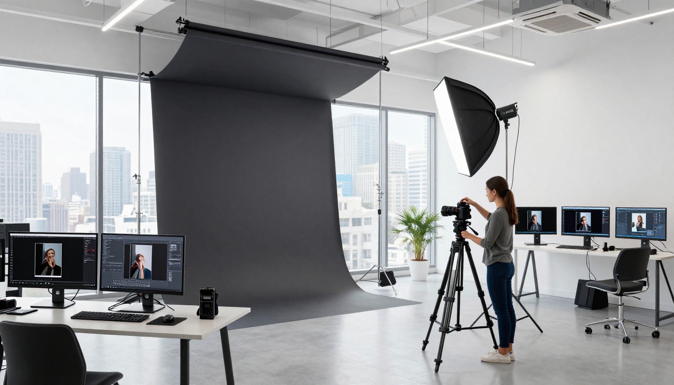 Professional photography studio with Rembrandt lighting setup and AI generation monitors