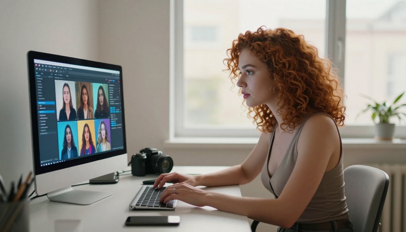 AI creator at desk using video generation interface AI creator at desk using video generation interface
