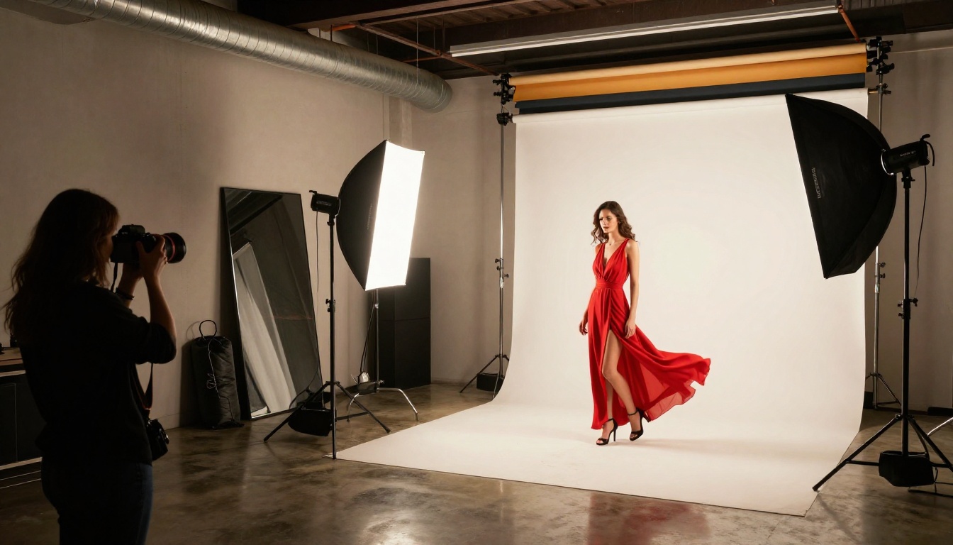 Professional photography studio with model in red dress and octabox lighting setup