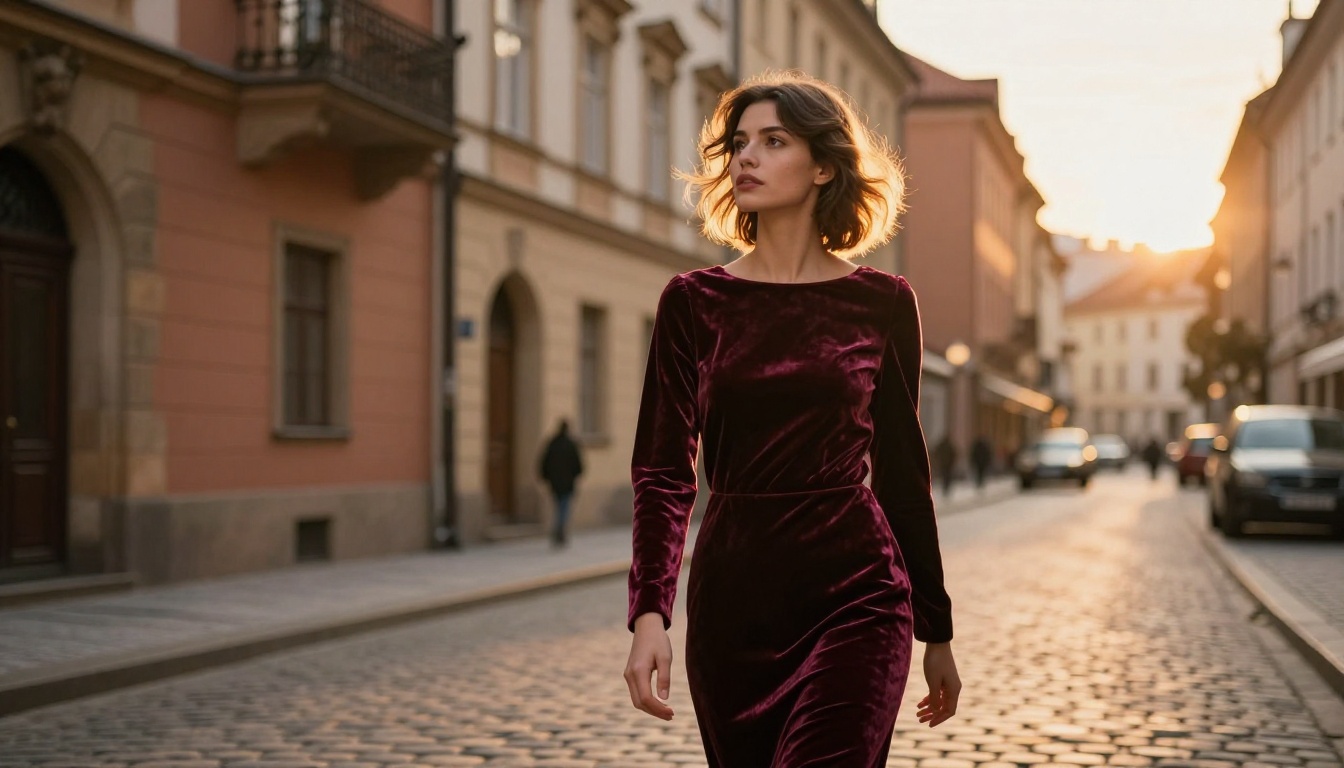 Striking woman in burgundy velvet dress at golden hour on European cobblestone street