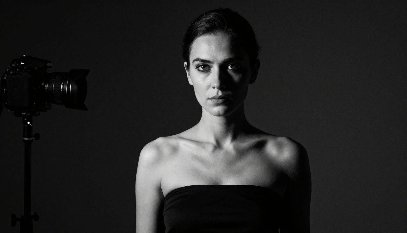 Dramatic high-contrast black and white artistic portrait with chiaroscuro lighting