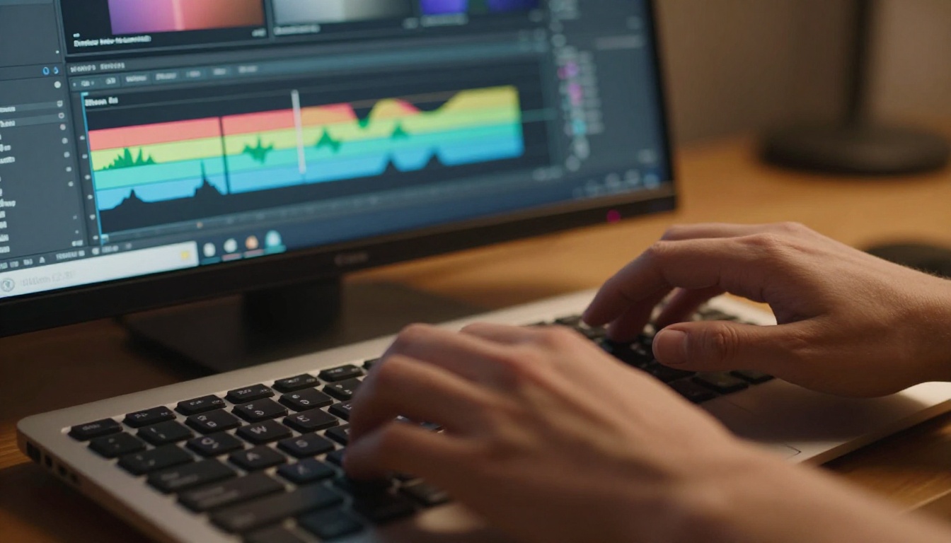 Close-up of hands at video editing keyboard