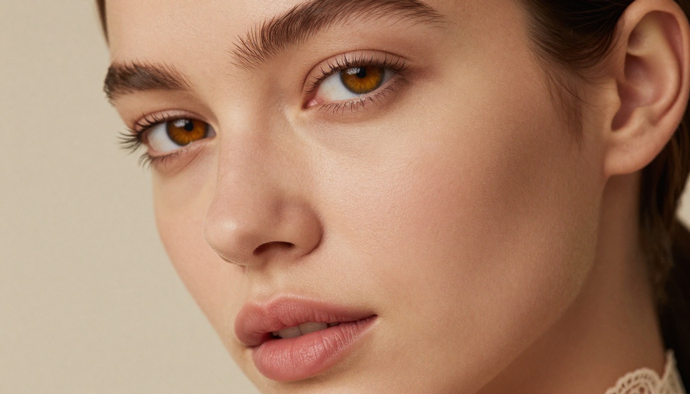 Close-up beauty portrait of a woman with flawless olive skin and luminous amber eyes Close-up beauty portrait of a woman with flawless olive skin and luminous amber eyes