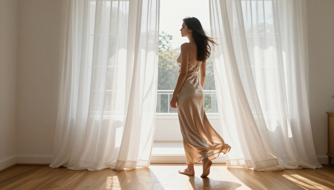 Woman in champagne satin slip dress standing in sun-flooded bedroom at morning light Woman in champagne satin slip dress standing in sun-flooded bedroom at morning light