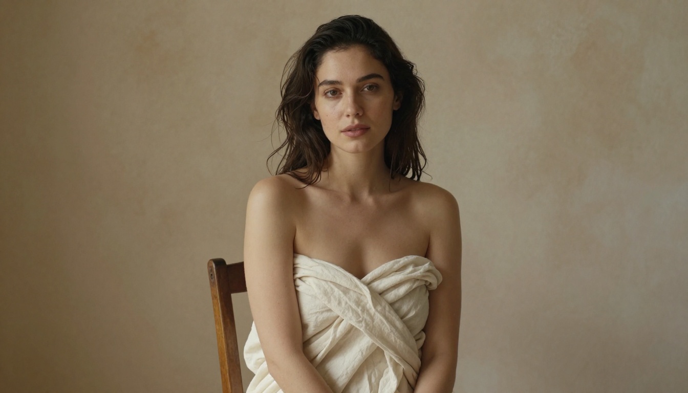 Intimate artistic portrait of a beautiful woman draped in ivory linen in a warm plaster-walled studio