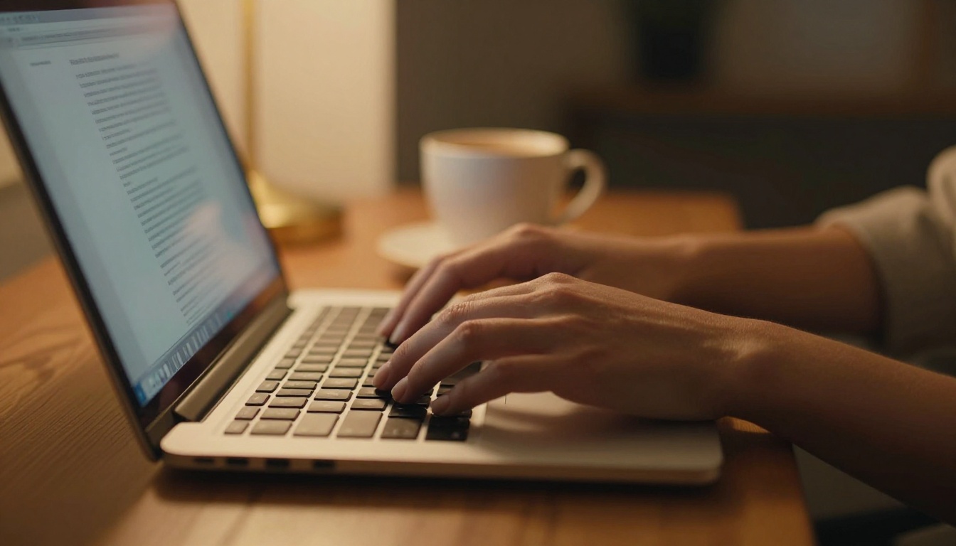 Woman writing at desk with amber lamp light