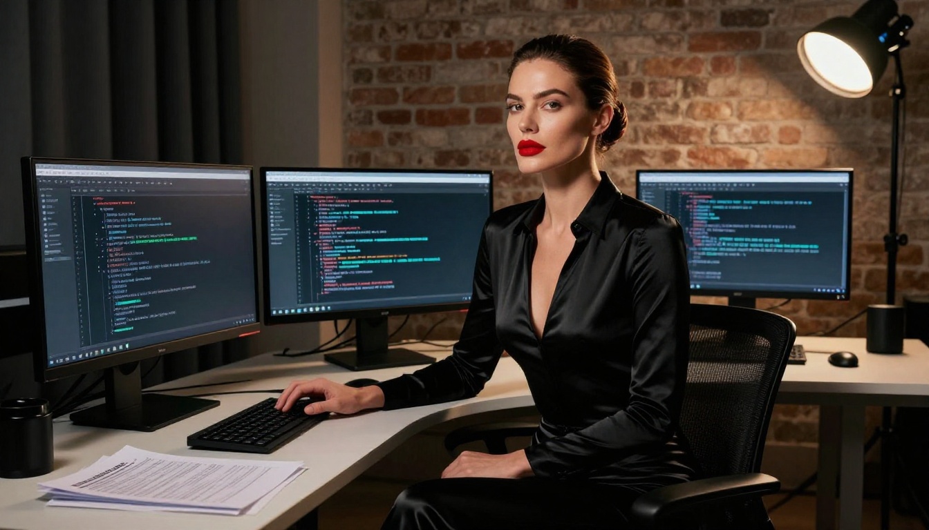 Confident woman in black satin bodysuit at AI workstation with multiple monitors in professional studio
