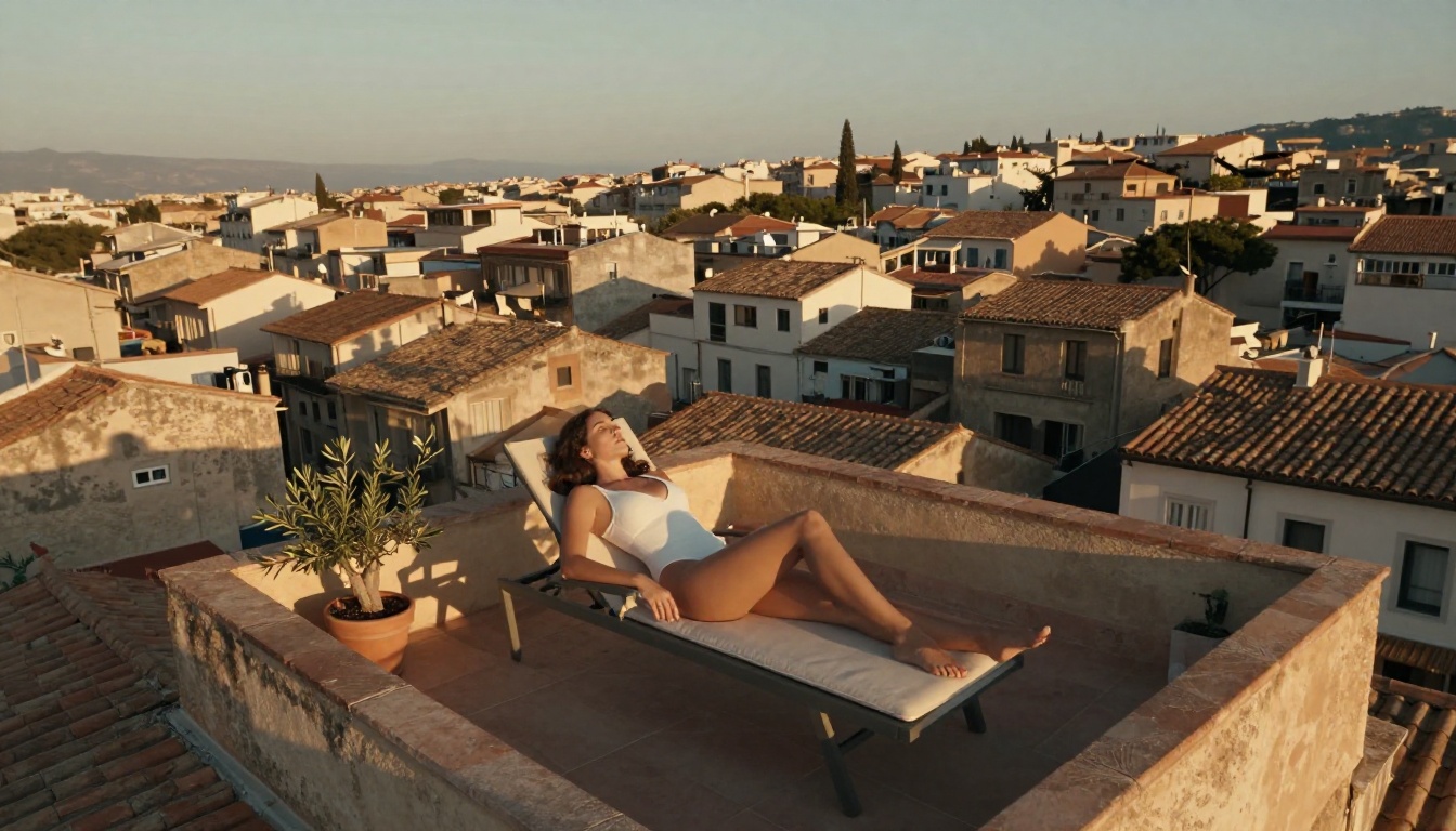 Aerial view of Mediterranean rooftop terrace at golden hour, woman in white bodysuit on sun lounger, terracotta rooftops below Aerial view of Mediterranean rooftop terrace at golden hour, woman in white bodysuit on sun lounger, terracotta rooftops below