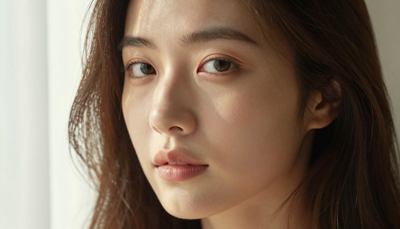 Close-up editorial beauty portrait with natural makeup, warm Rembrandt lighting, chestnut hair falling loosely over one shoulder Close-up editorial beauty portrait with natural makeup, warm Rembrandt lighting, chestnut hair falling loosely over one shoulder