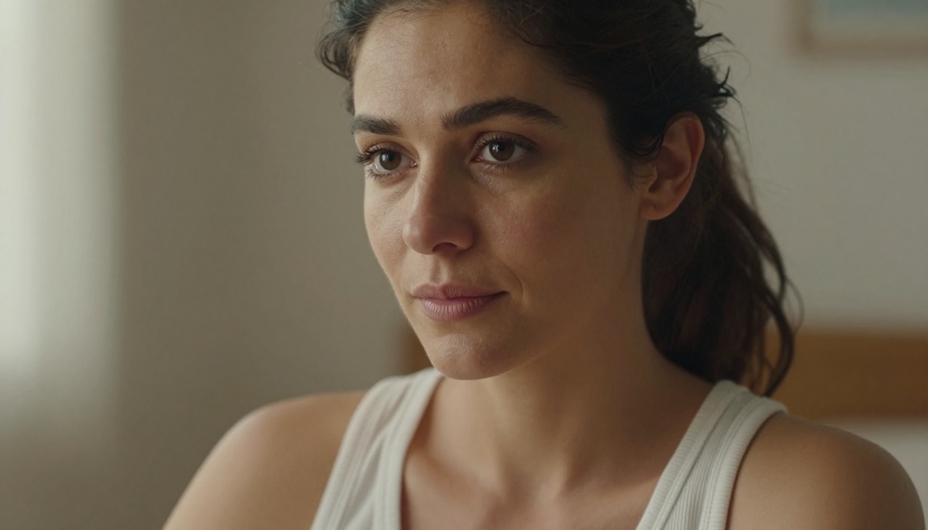 Close-up portrait of woman with dark expressive eyes and warm morning window light