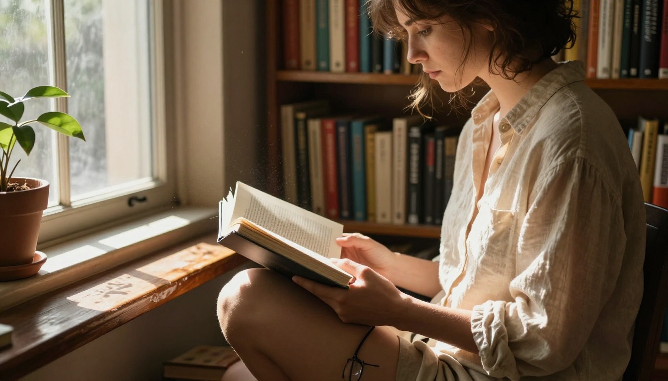 Woman reading in a cozy library window bench with afternoon backlight and book on lap
