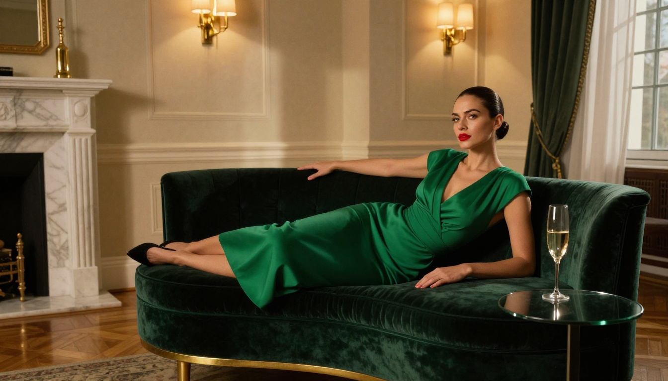 Woman reclining on a velvet chaise lounge in a high-ceilinged Art Deco apartment, emerald cocktail dress, warm brass sconce lighting