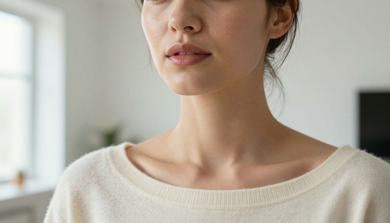 Close-up portrait of a woman with defined cheekbones in an off-shoulder cashmere top, morning window light